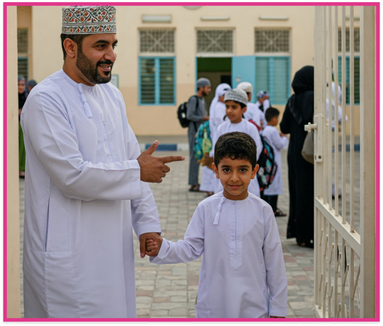 والد يمسك بيد ابنه امام بوابة المدرسة
