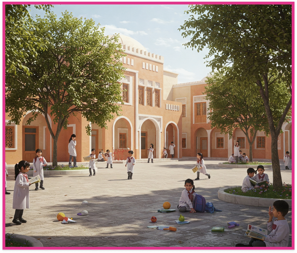 ساحة مدرسة وسطها اطفال يلعبون.