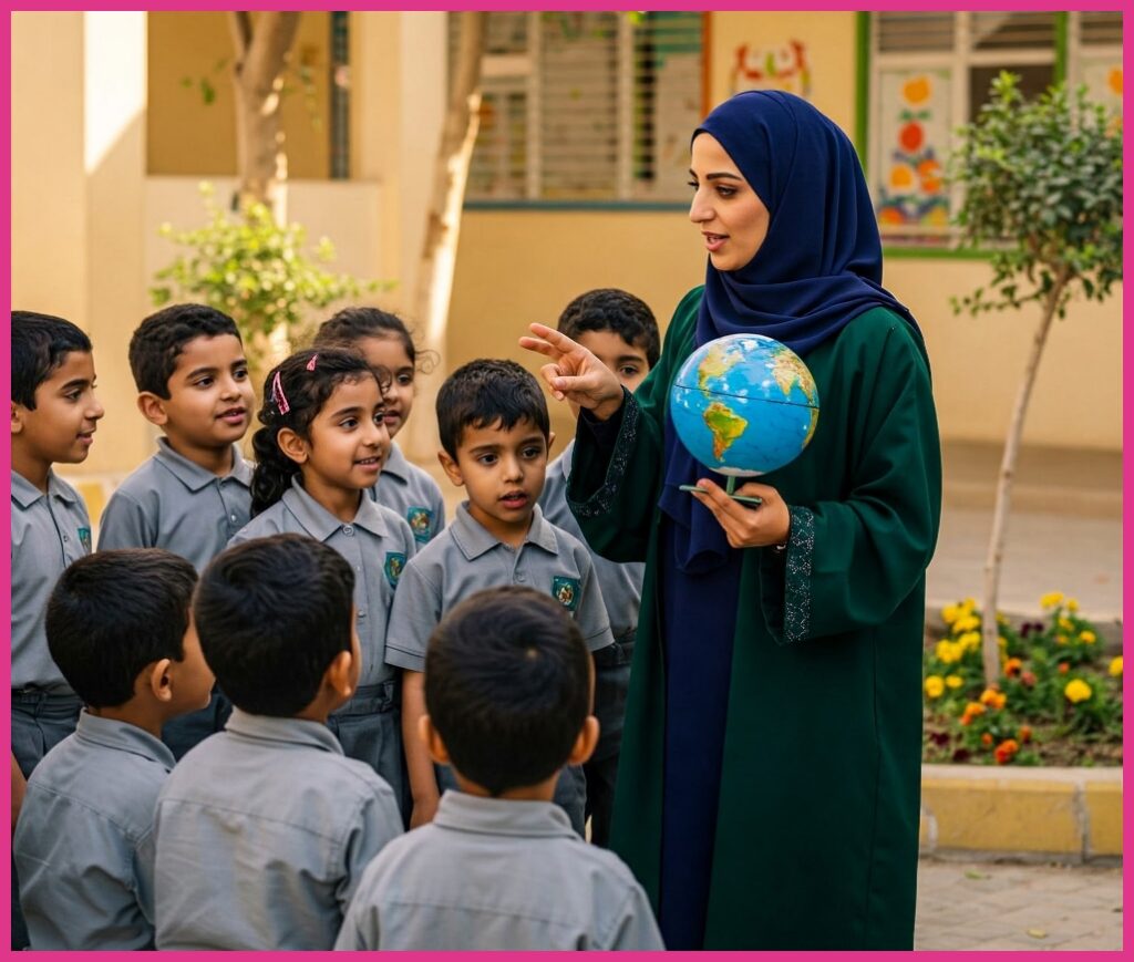 معلم تقف مع طلابها في ساحة المدرسة وتحمل مجسم كرة أرضية.