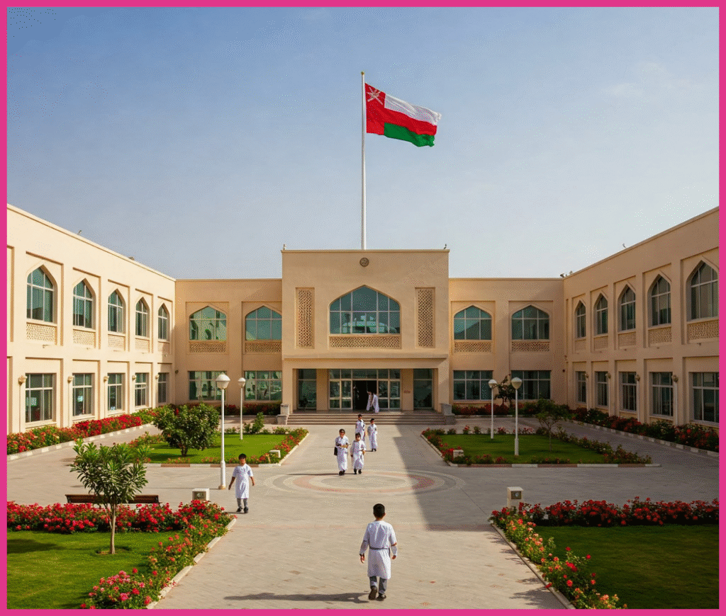ساحة مدرسة وسطها العلم العماني.