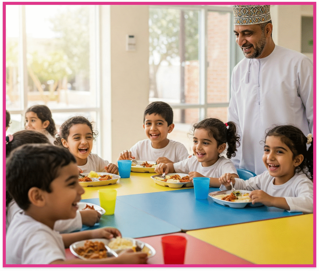 أطفال مجتمعين في دائرة مع معلمهم ويضحكون جميعًا.