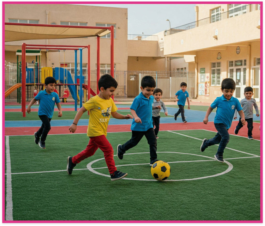 أطفال يلعبون كرة القدم وسط ساحة المدرسة.