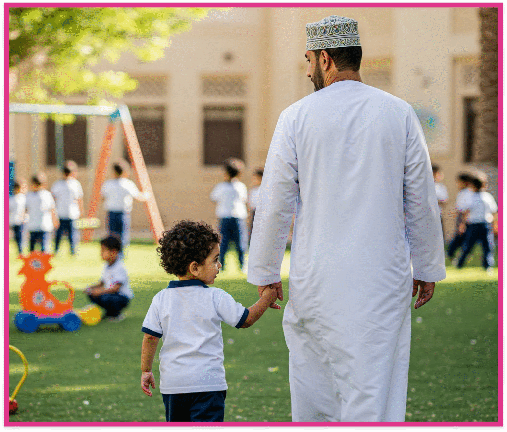 والد يمسك بيد طفله في ساحة المدرسة.