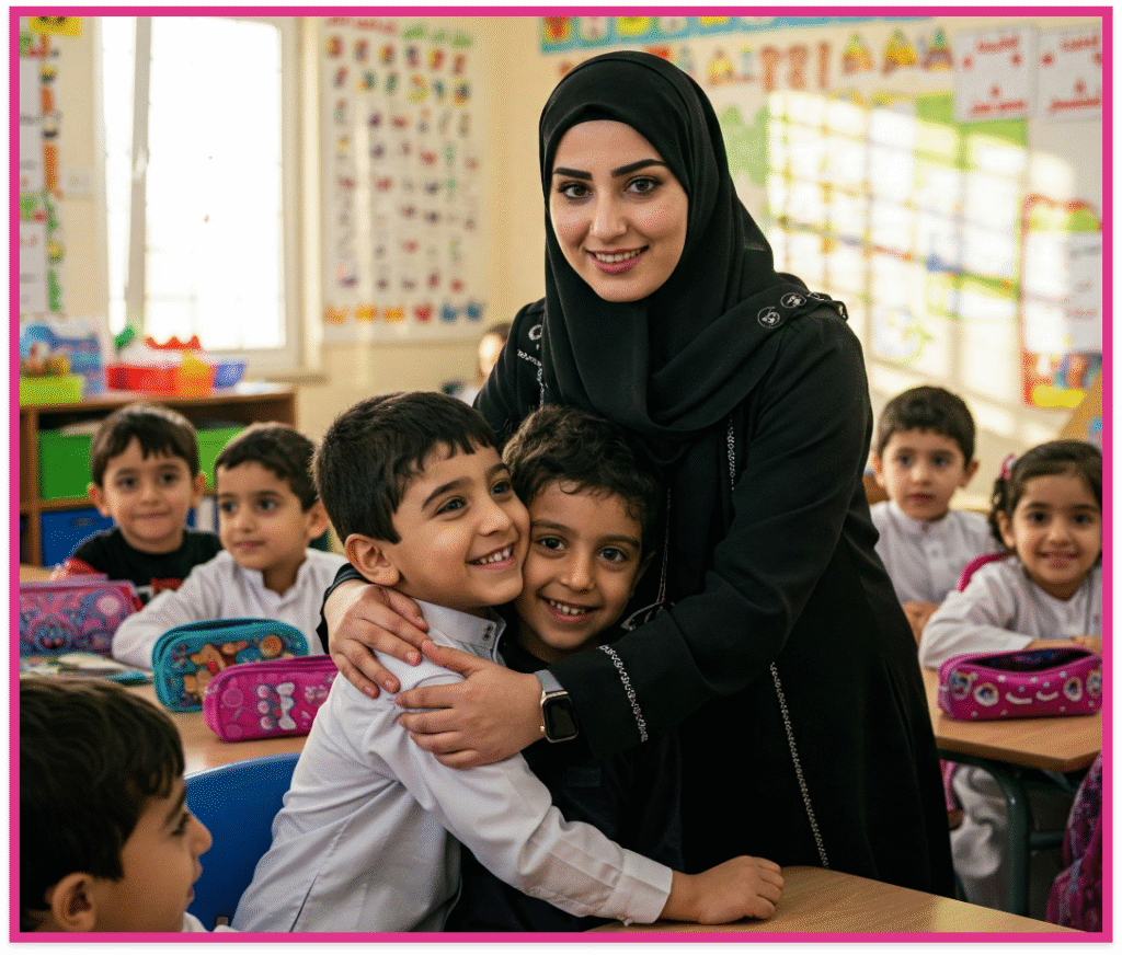 معلمة تحضن تلاميذها وتبتسم معهم.