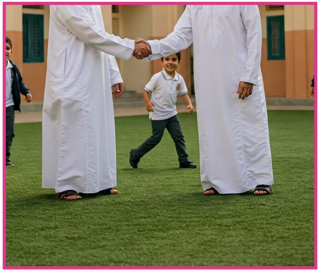 أولياء أمور يصافحان بعضهما في ساحة الممدرسة.