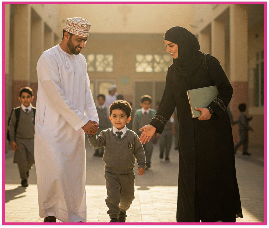 معلم ومعلمة يمسكان مع طالب في فناء المدرسة.