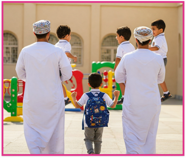 أولياء أمور يحملون أطفالهم للمدرسة.