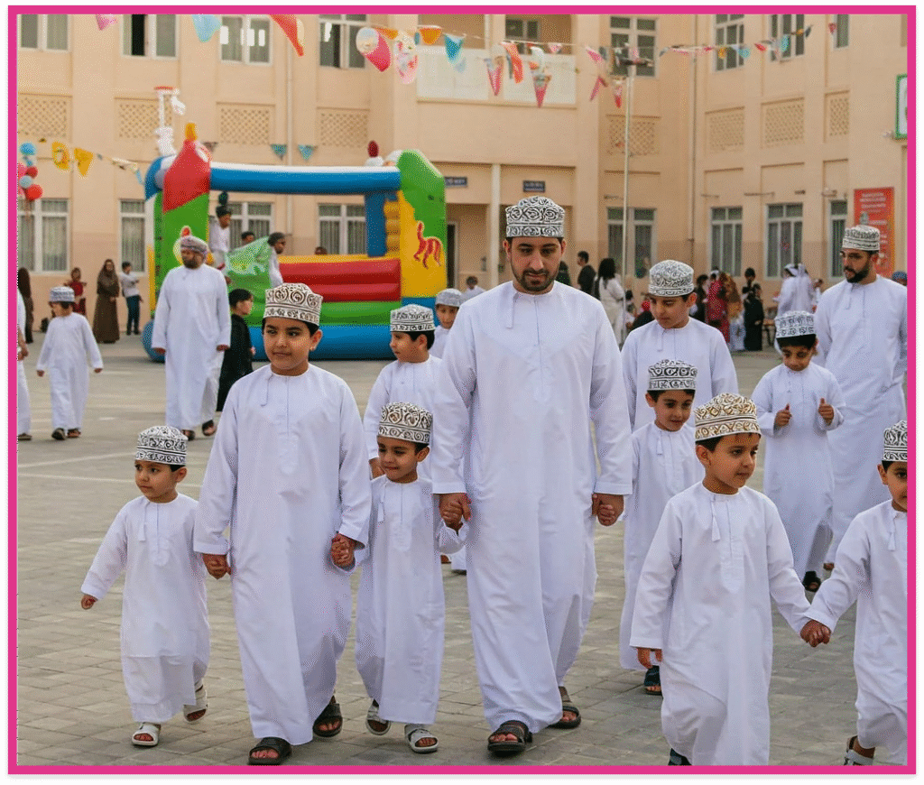 ولي امر يمسك بيد أطفاله في وسط ساحة المدرسة في يوم مفتوح.